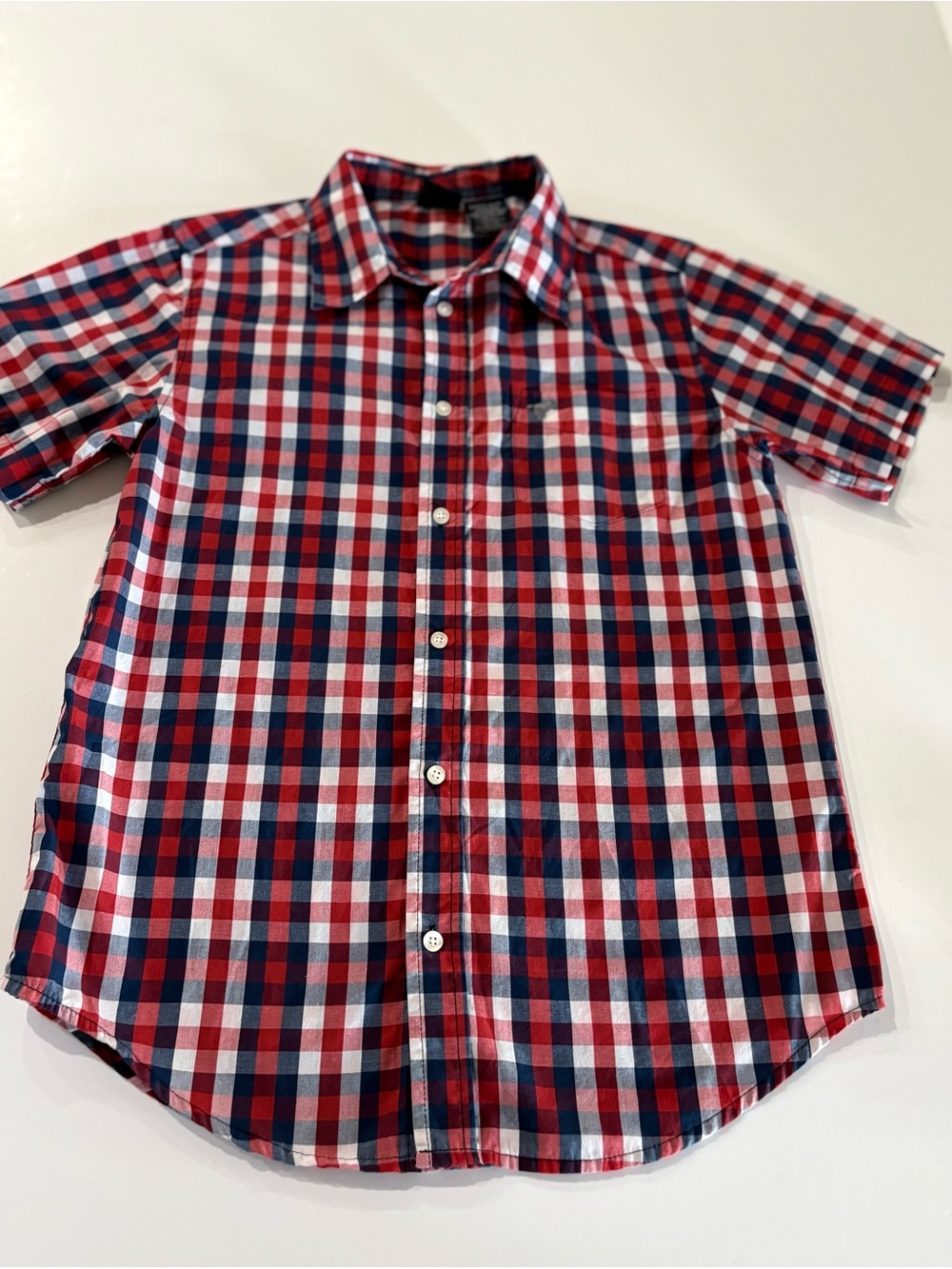 Boy’s Wrangler Short-Sleeve Plaid Button Down Shirt, Red Navy White size XL14/16